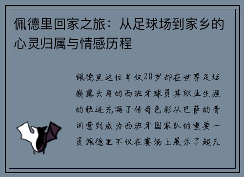 佩德里回家之旅：从足球场到家乡的心灵归属与情感历程