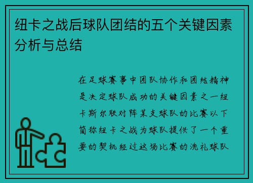 纽卡之战后球队团结的五个关键因素分析与总结